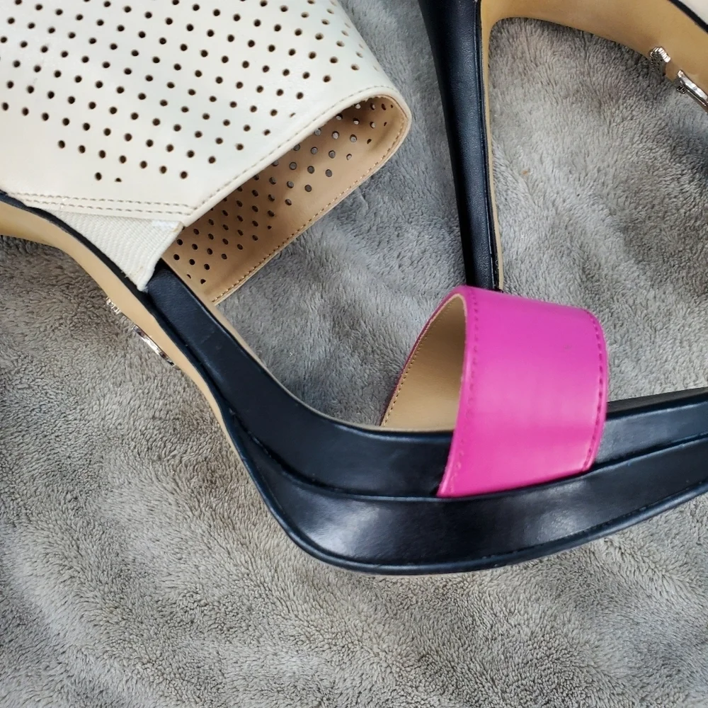 Juicy Couture pink, black and tan strappy heels 7